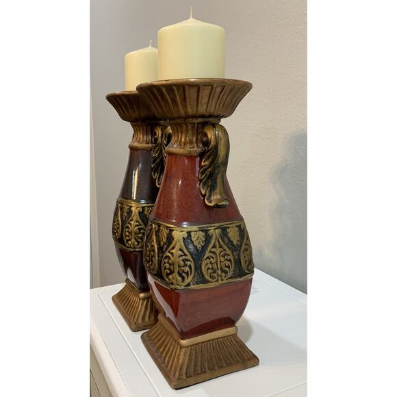 Vtg Ceramic Ornate Burgundy Red Black Gold Acanthus Leaf Pillar Candle Holders - Picture 2 of 8